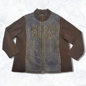Bob Mackie Leather Embroidered Ribbed Zip Brown & Gold Jacket